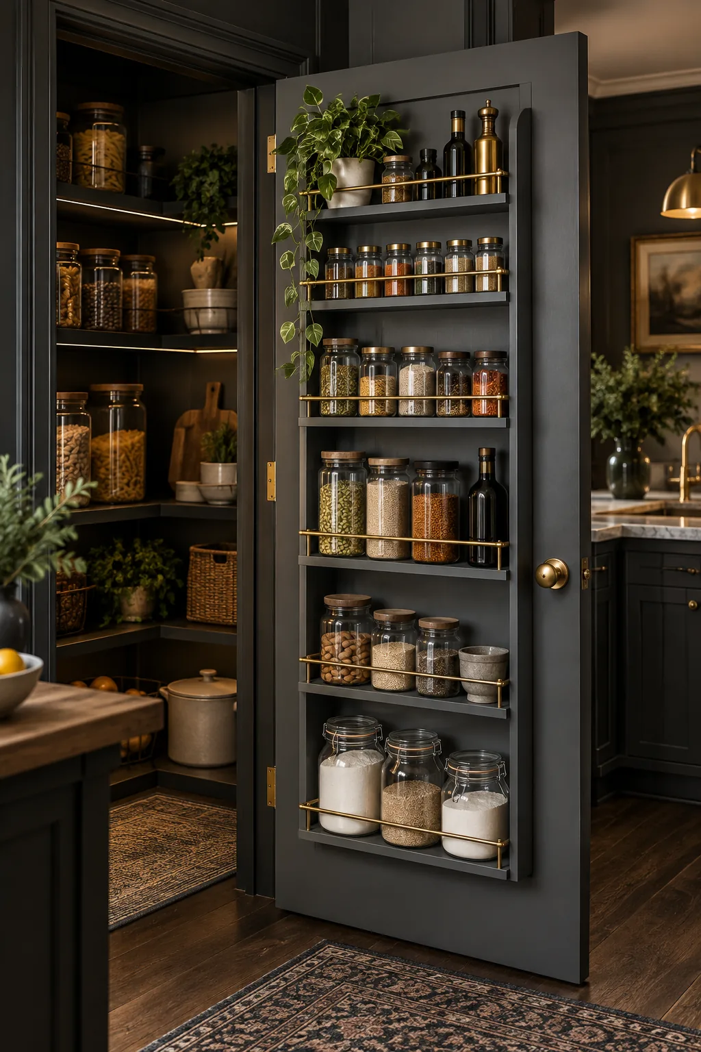 A dark slate grey door rack with brass rails, set against a dark painted pantry interior.