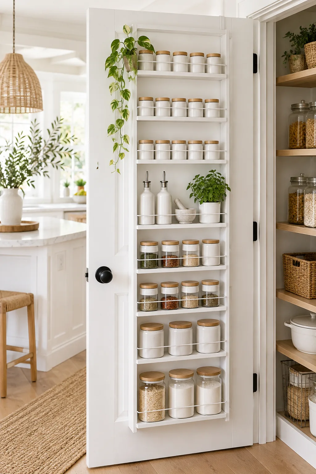A seamless white storage rack blending into a white door, holding white ceramic spice jars behind thin wire rails.