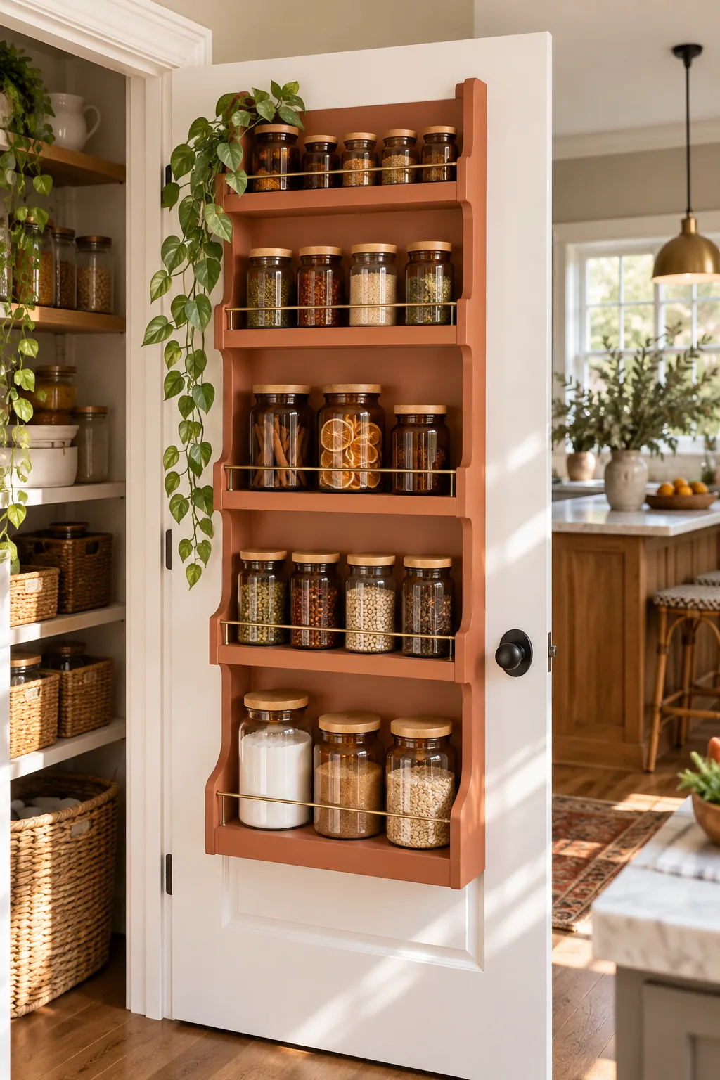 A terracotta painted door rack holding amber glass jars in a sunlit kitchen.