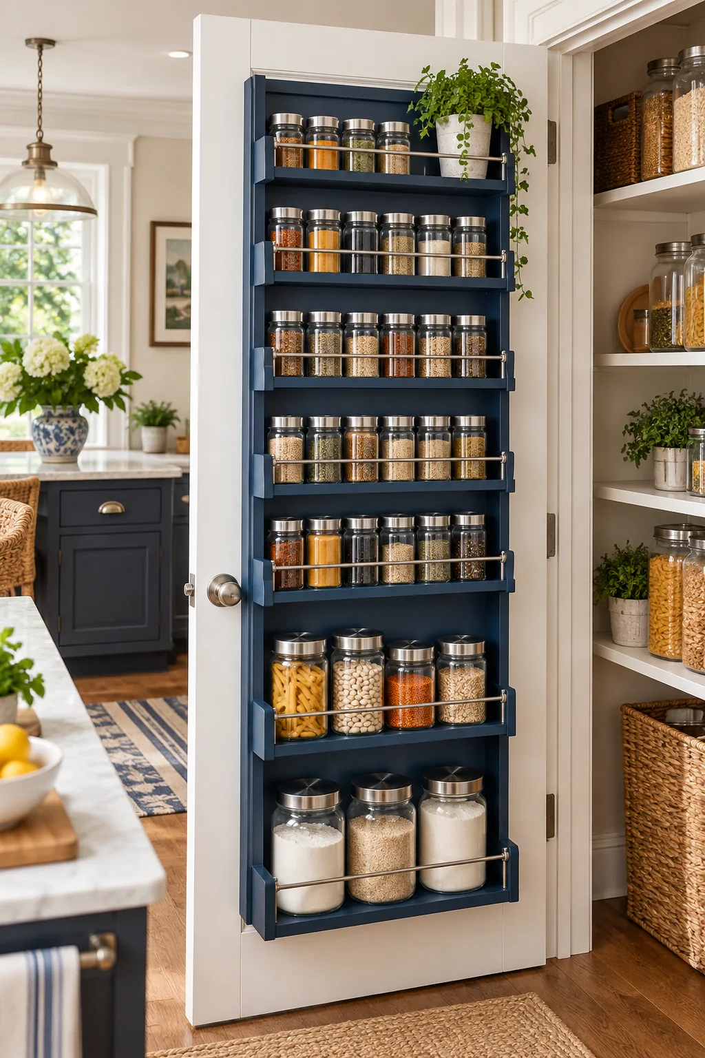 A navy blue storage rack mounted on a door, featuring brushed silver hardware and uniform spice jars.