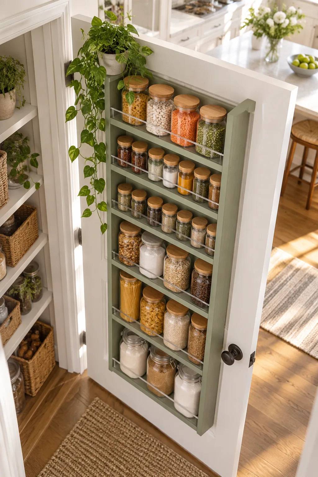 View from inside a pantry looking out, showing a loaded sage green storage rack attached to a solid white door.
