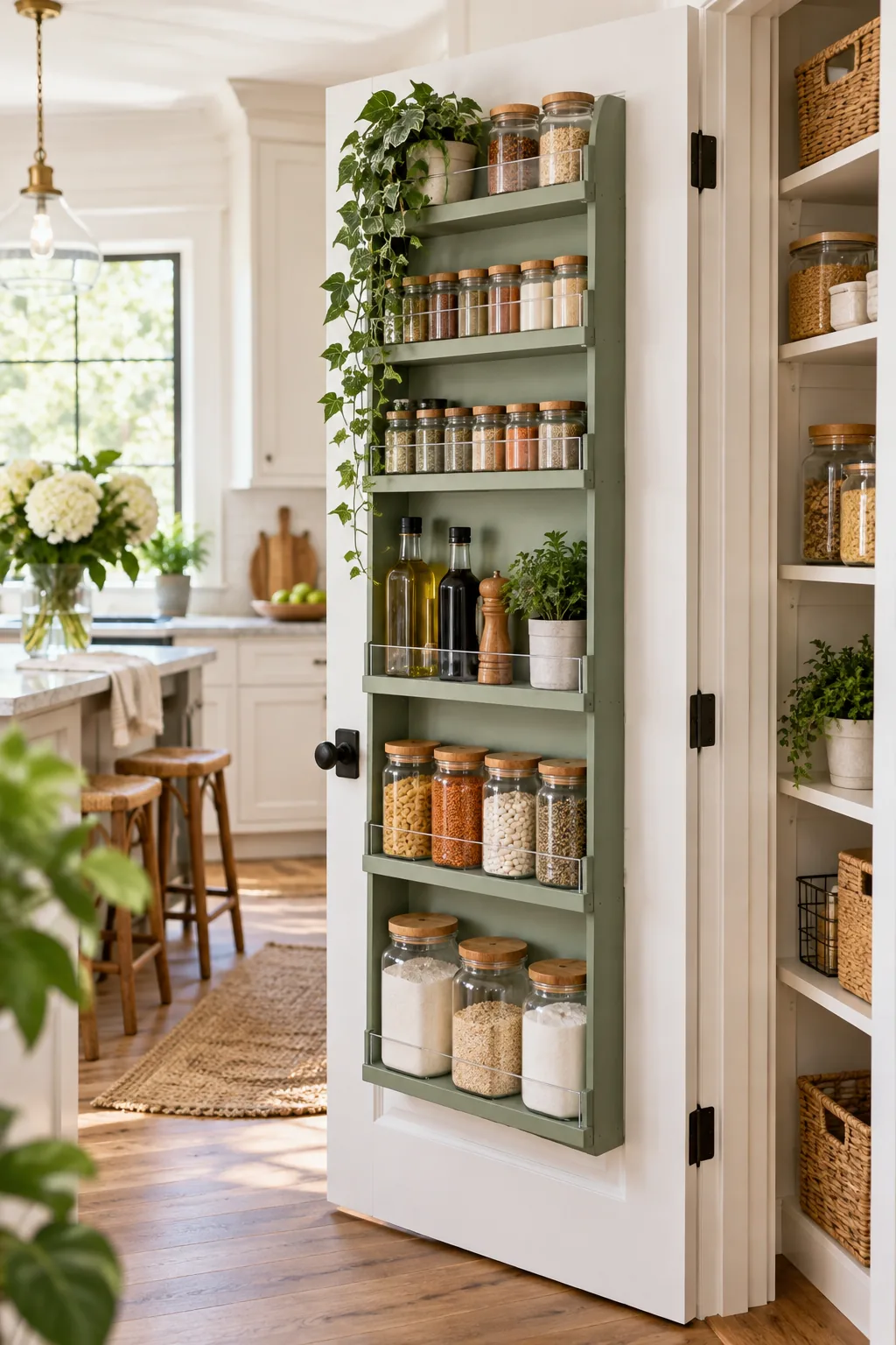 Close-up of the top corner of a green wooden door rack, showing a small gap between the rack and the door frame.