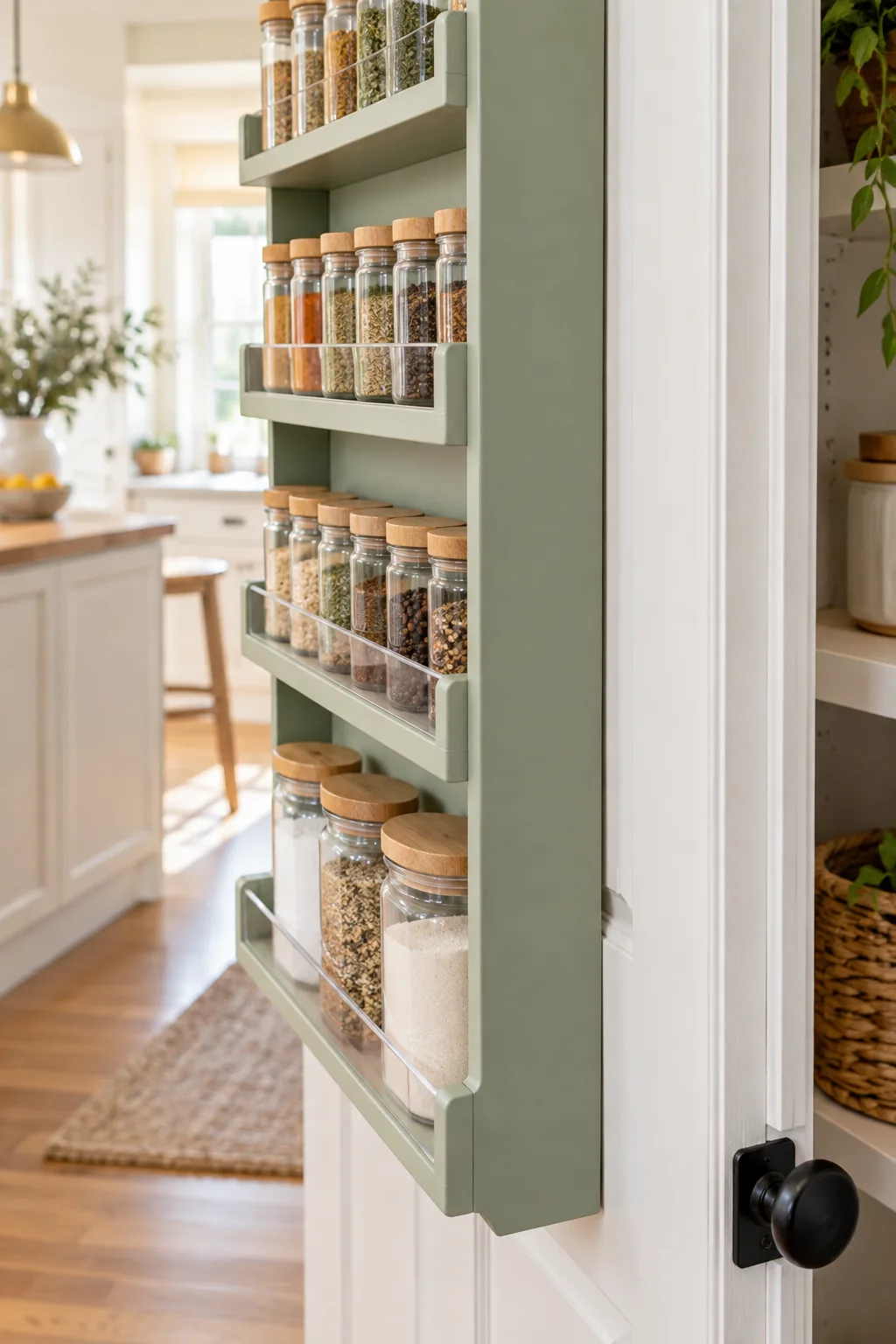 Side profile of a green wooden storage rack, highlighting the solid painted back panel mounted flush against a white door.