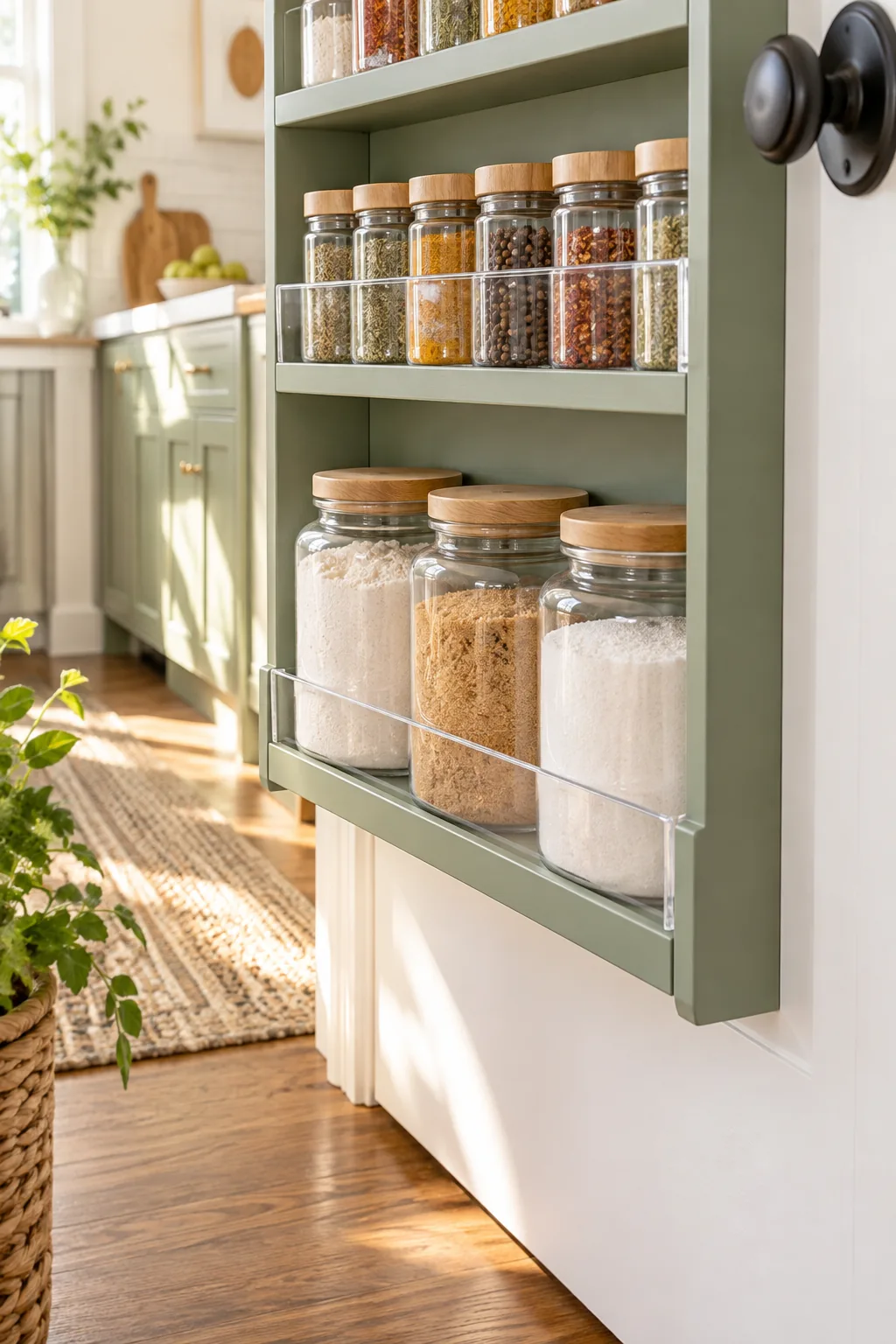 Eye-level view of a green shelf holding glass spice jars, secured in front by a clear acrylic rail.