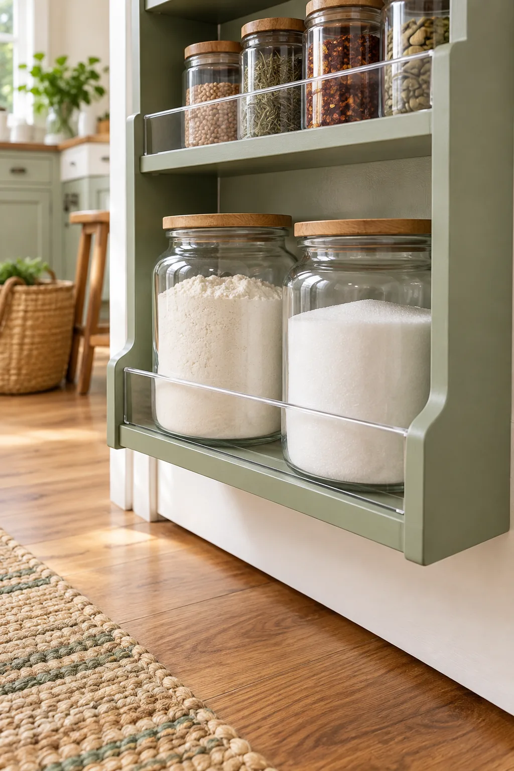 Bottom shelf of a green door rack holding large glass jars filled with white flour and sugar.