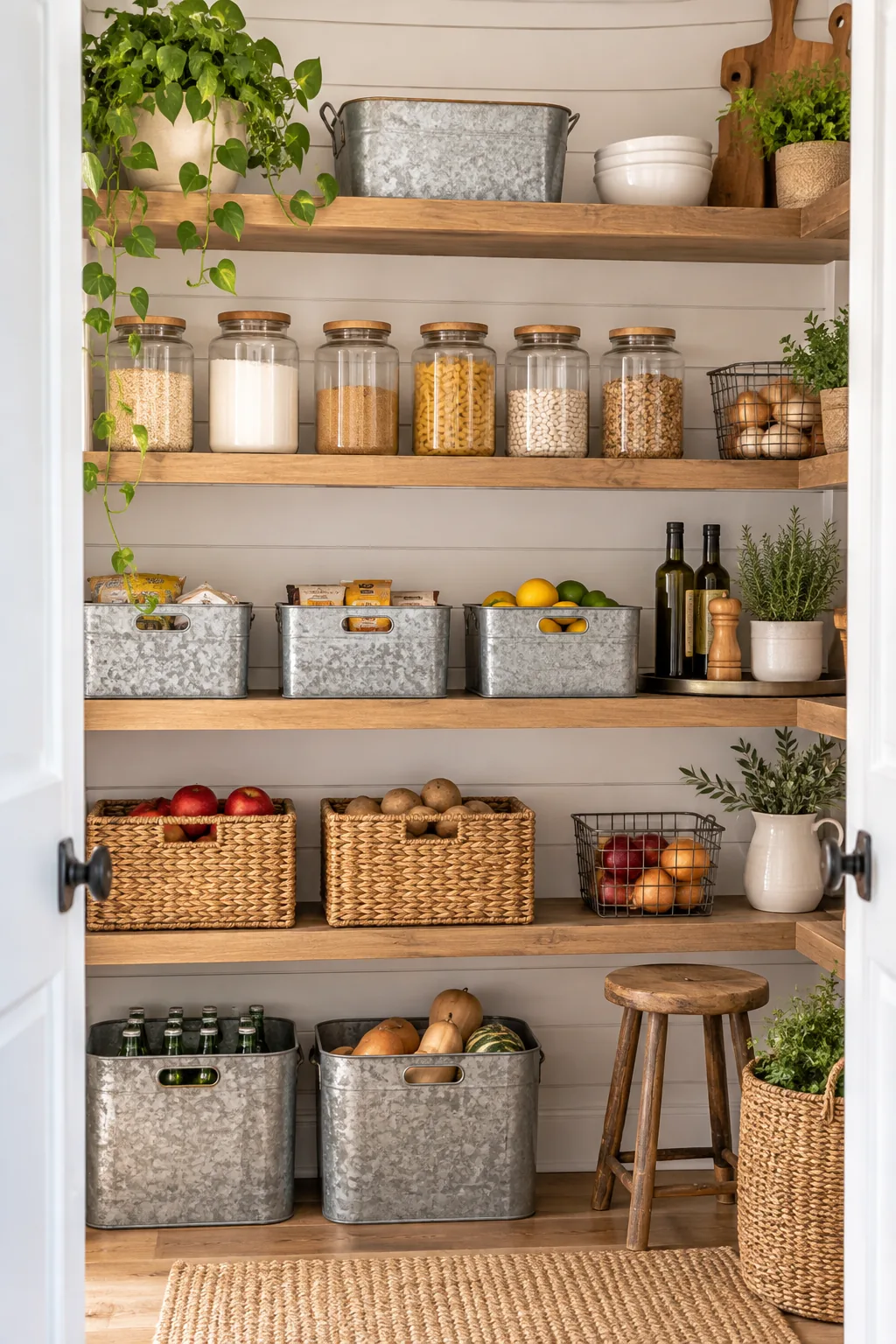 A modern farmhouse pantry with wood shelves, galvanized bins, and a white shiplap back wall.