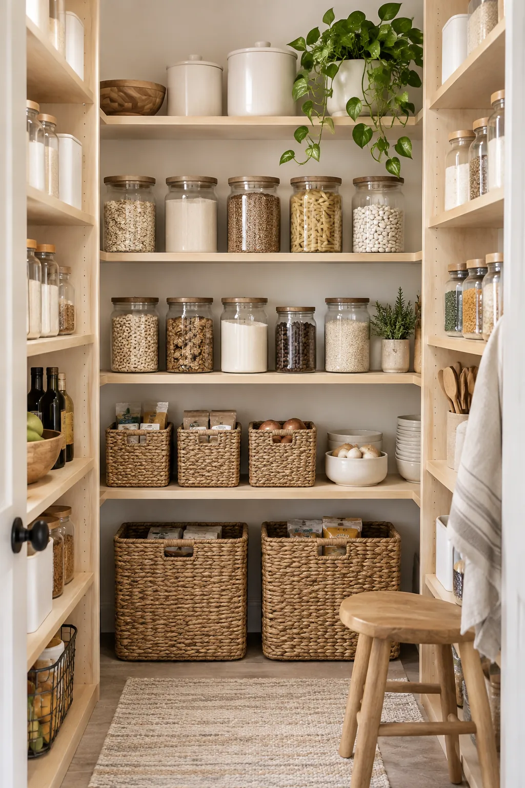 A minimalist Scandinavian pantry with birch plywood shelves and matte white ceramic jars.