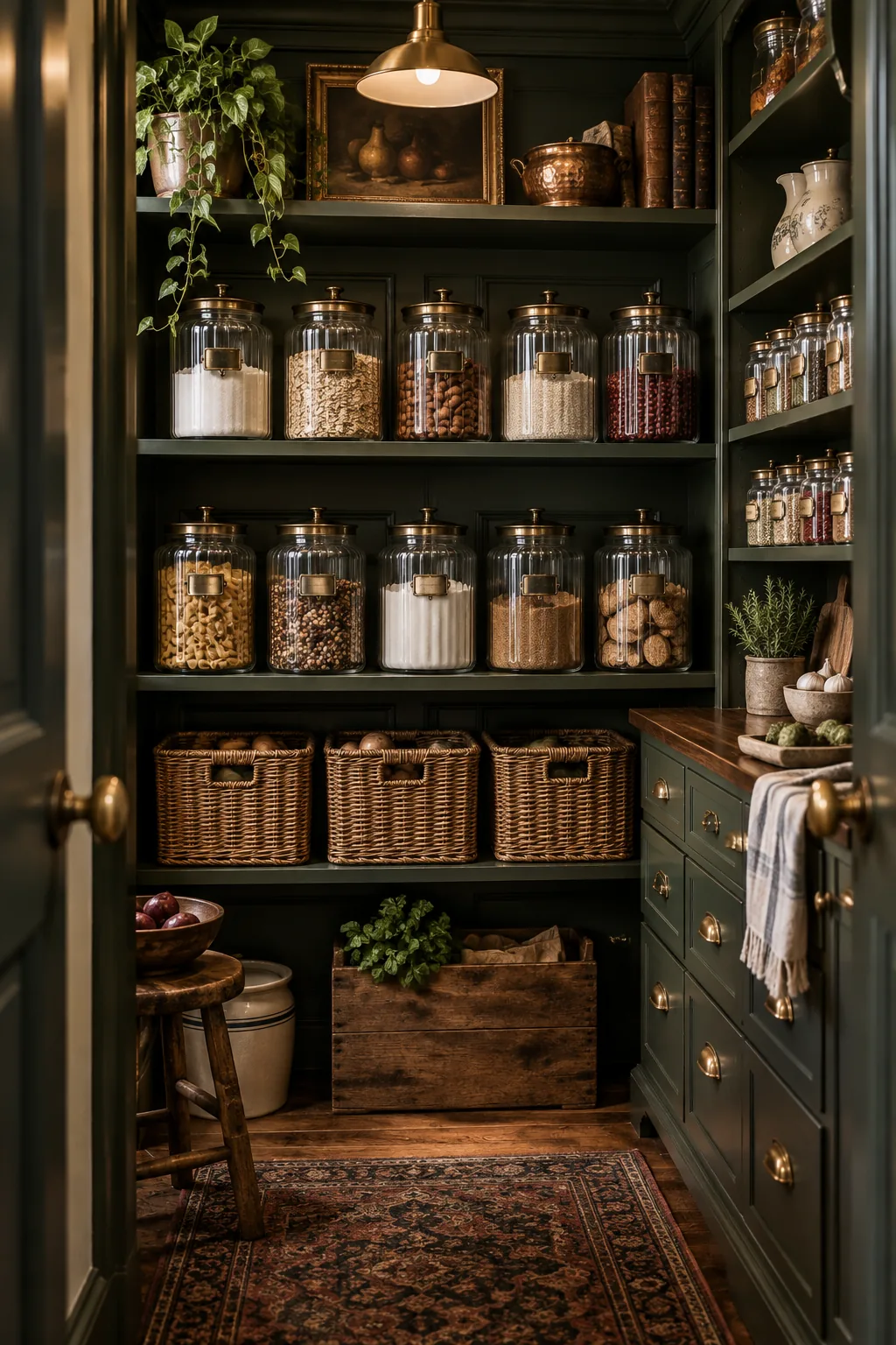 A moody Victorian pantry with dark green shelves, brass label holders, and vintage glass jars.