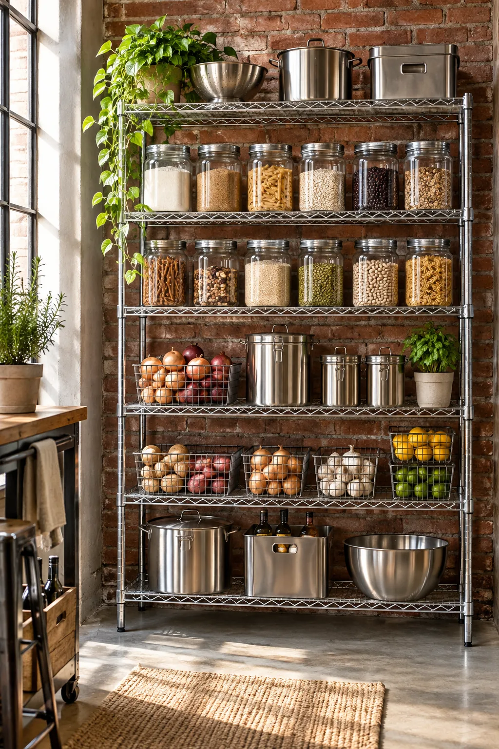 An industrial loft pantry with wire shelving, stainless steel containers, and an exposed brick wall.