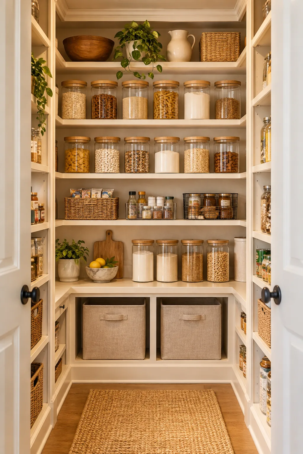 A warm transitional pantry with cream cabinetry, bamboo-lidded jars, and linen baskets.