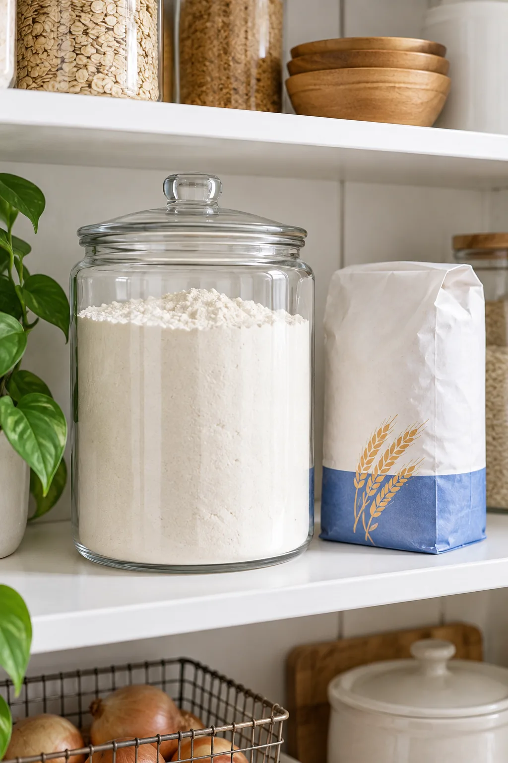 A tall clear glass canister filled with flour next to an empty folded paper flour bag.