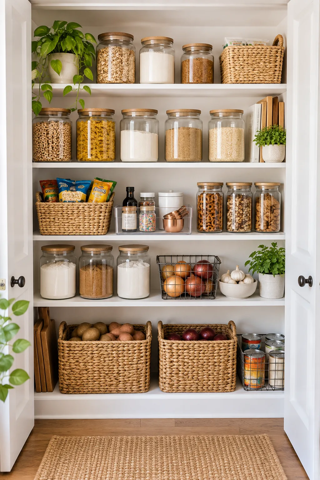 A small woven basket on a pantry shelf holding opened bags of snacks and crackers.