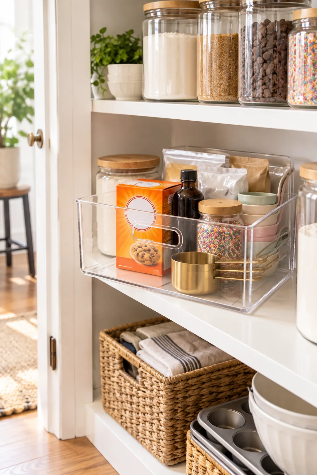 A clear handled acrylic bin filled with baking supplies pulled slightly forward on a pantry shelf.