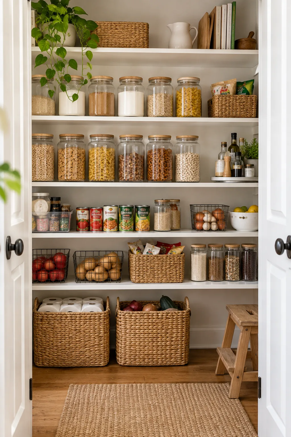 A fully organized kitchen pantry with clean white shelves, perfectly aligned clear canisters, and woven baskets on the floor.