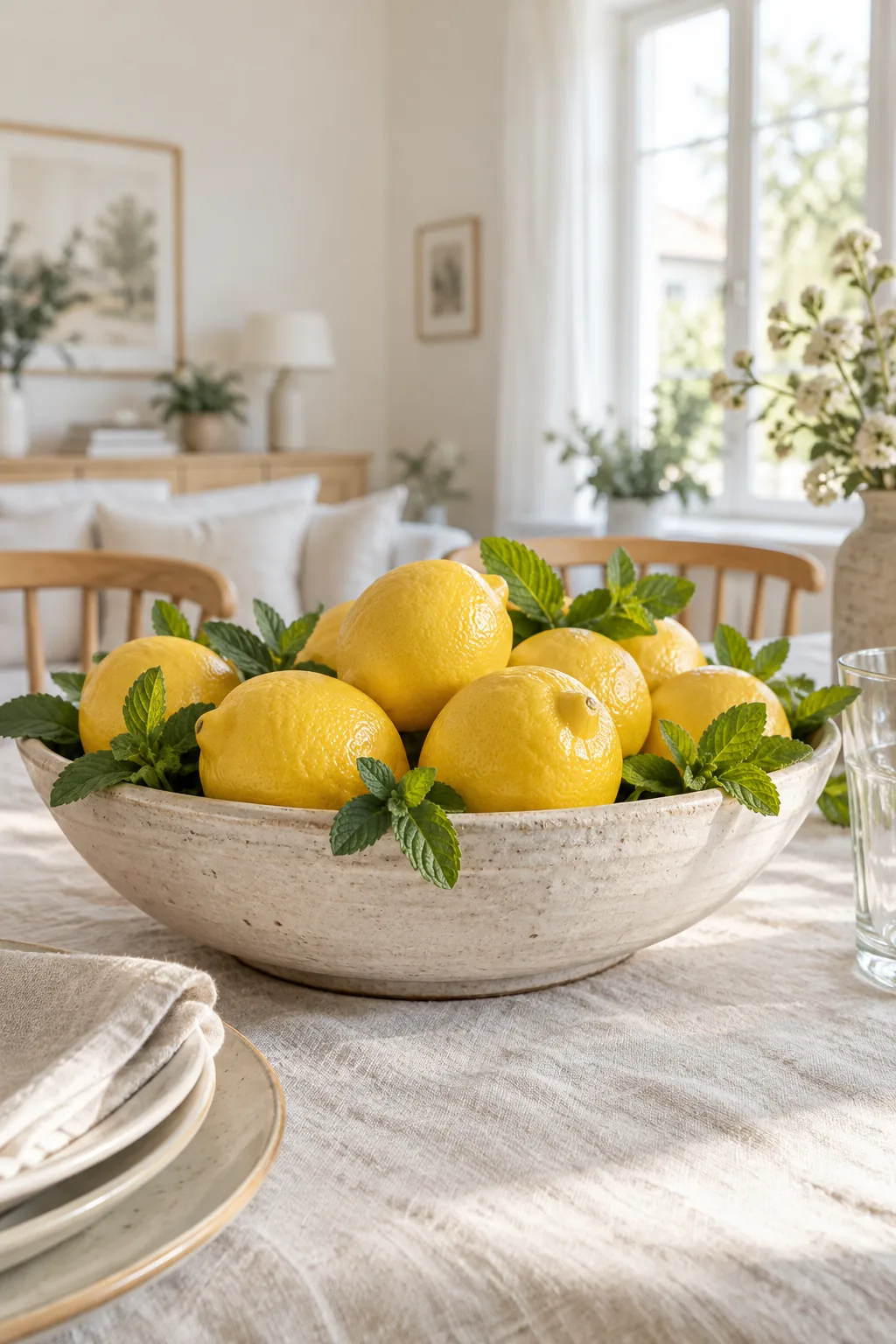 A wide ceramic bowl filled with bright yellow lemons and fresh mint sprigs on a table