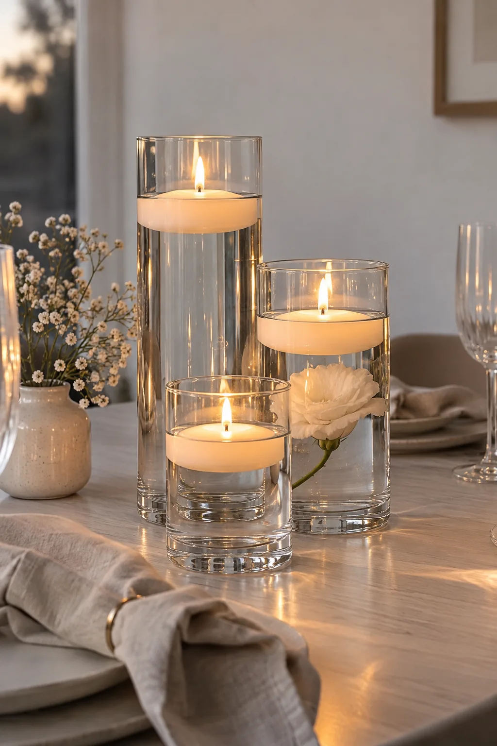 Three varying heights of glass cylinders filled with water and lit floating candles