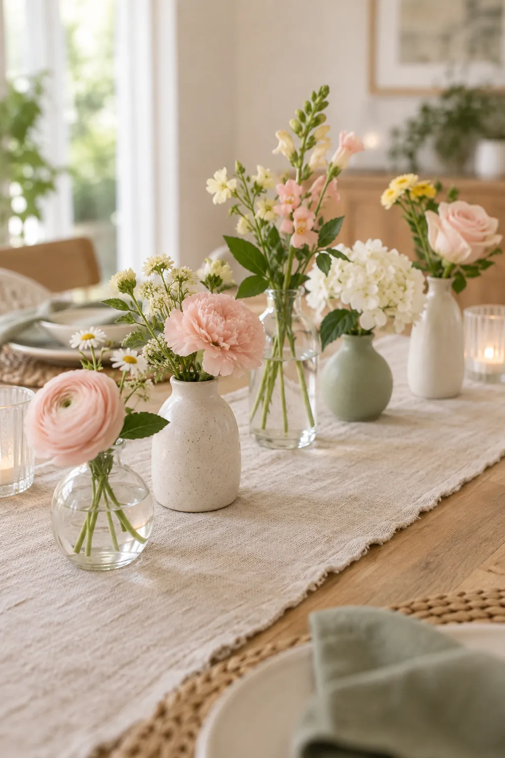Small glass bud vases running down a table with single flower stems