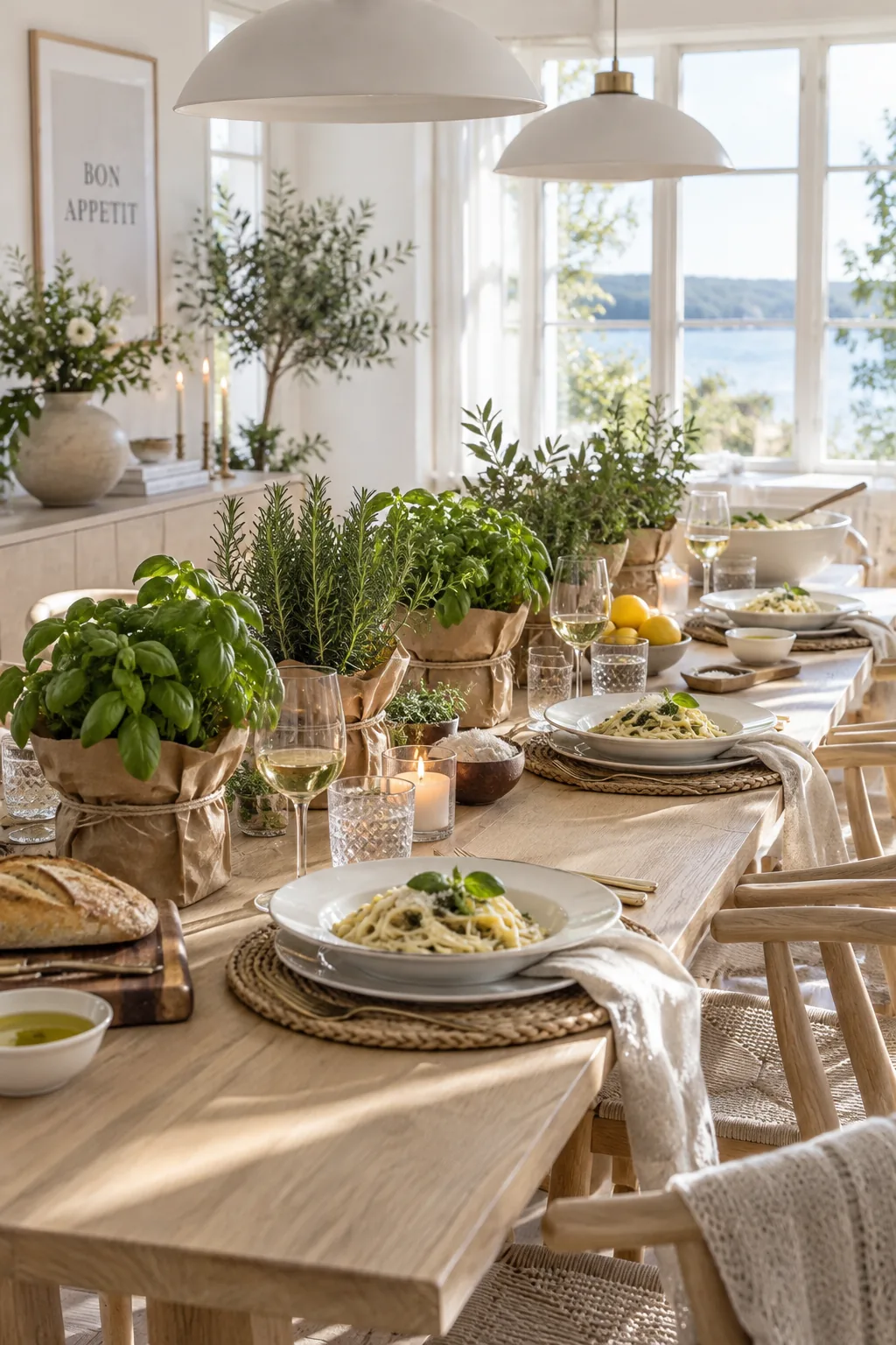 Small potted herbs wrapped in brown paper and tied with twine on a dining table