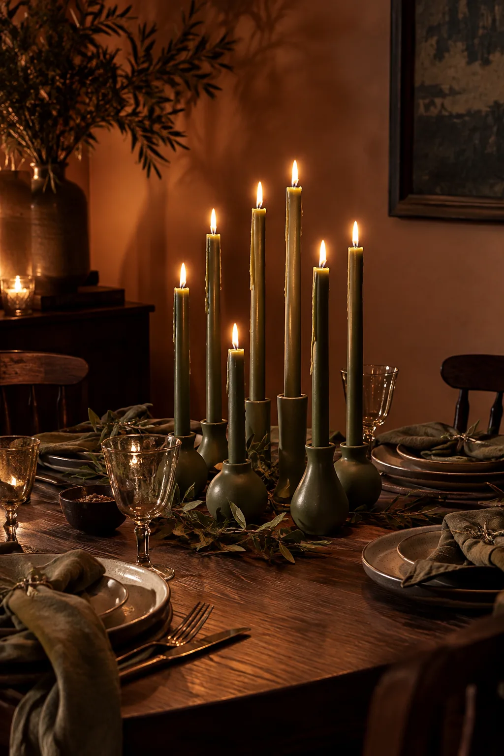 A tight grouping of seven tall olive green taper candles lit on a table