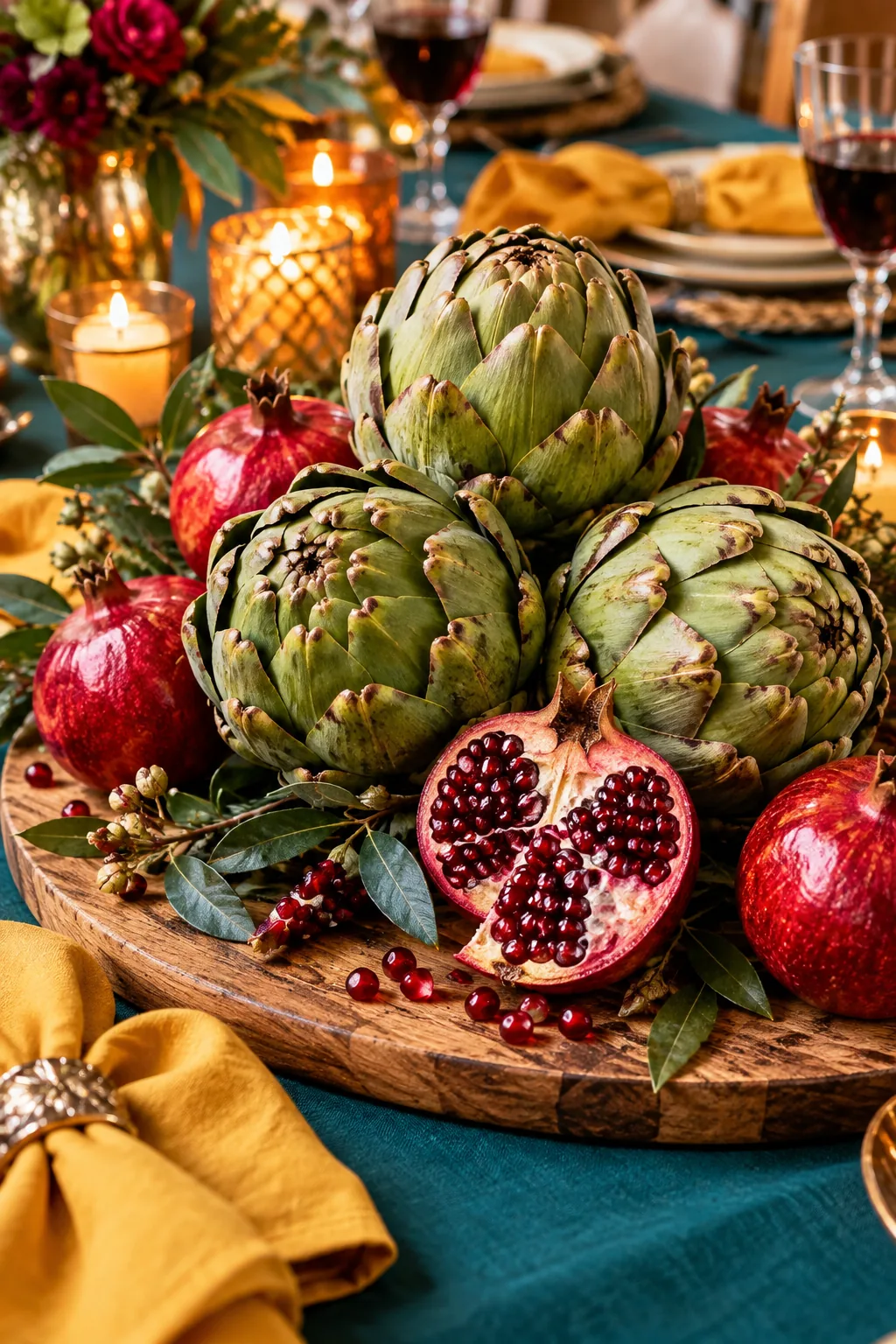 Raw artichokes and halved pomegranates arranged on a wooden serving board