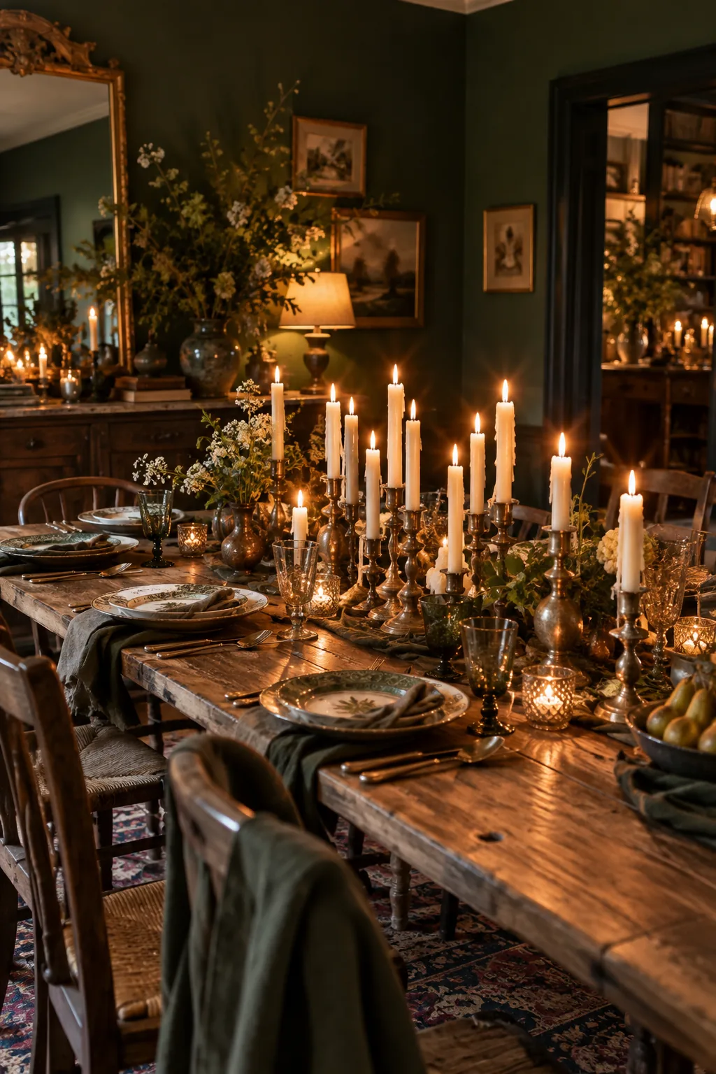 A collection of mismatched vintage brass candlesticks with white wax candles