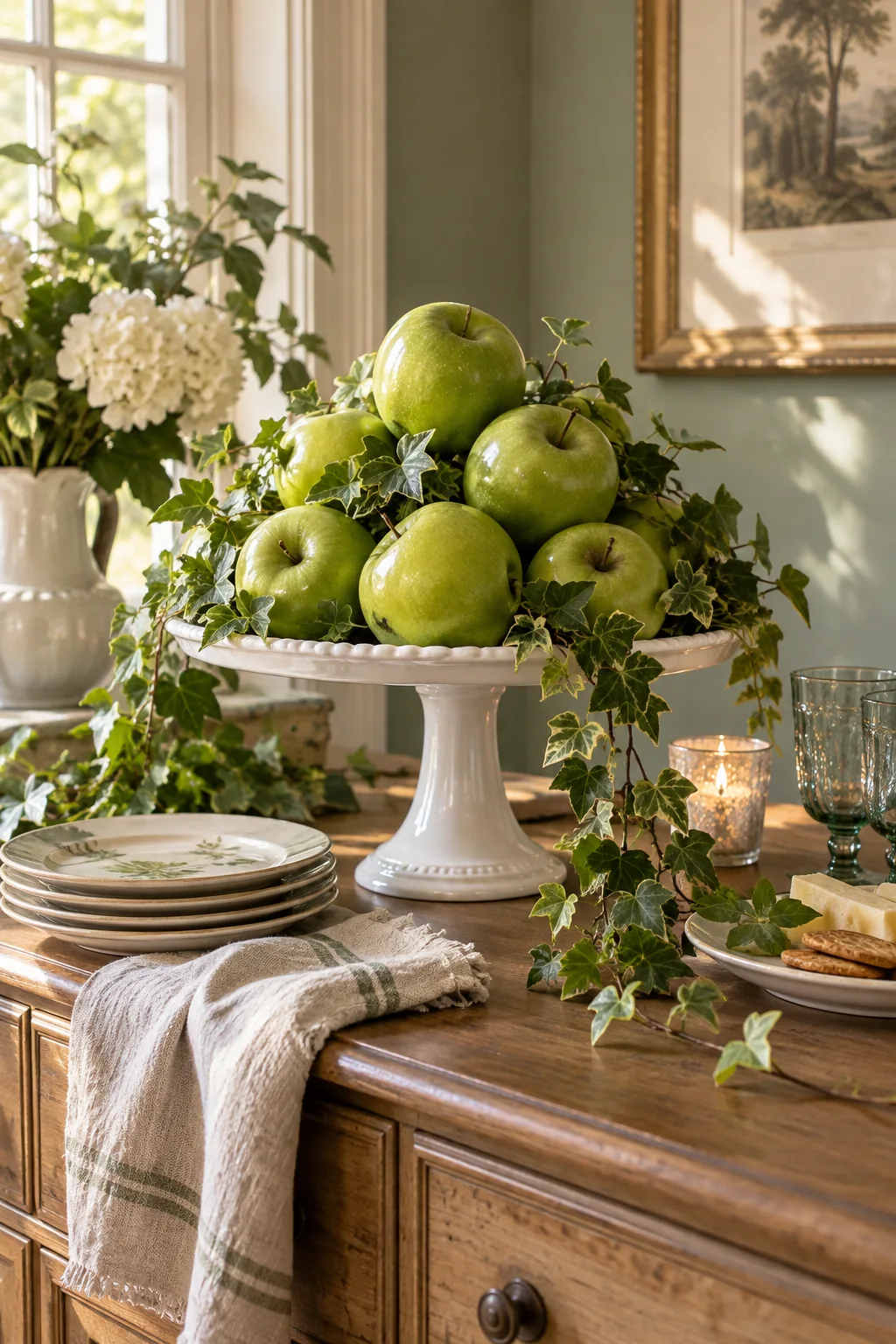 A white ceramic cake stand piled with green apples and trailing green ivy