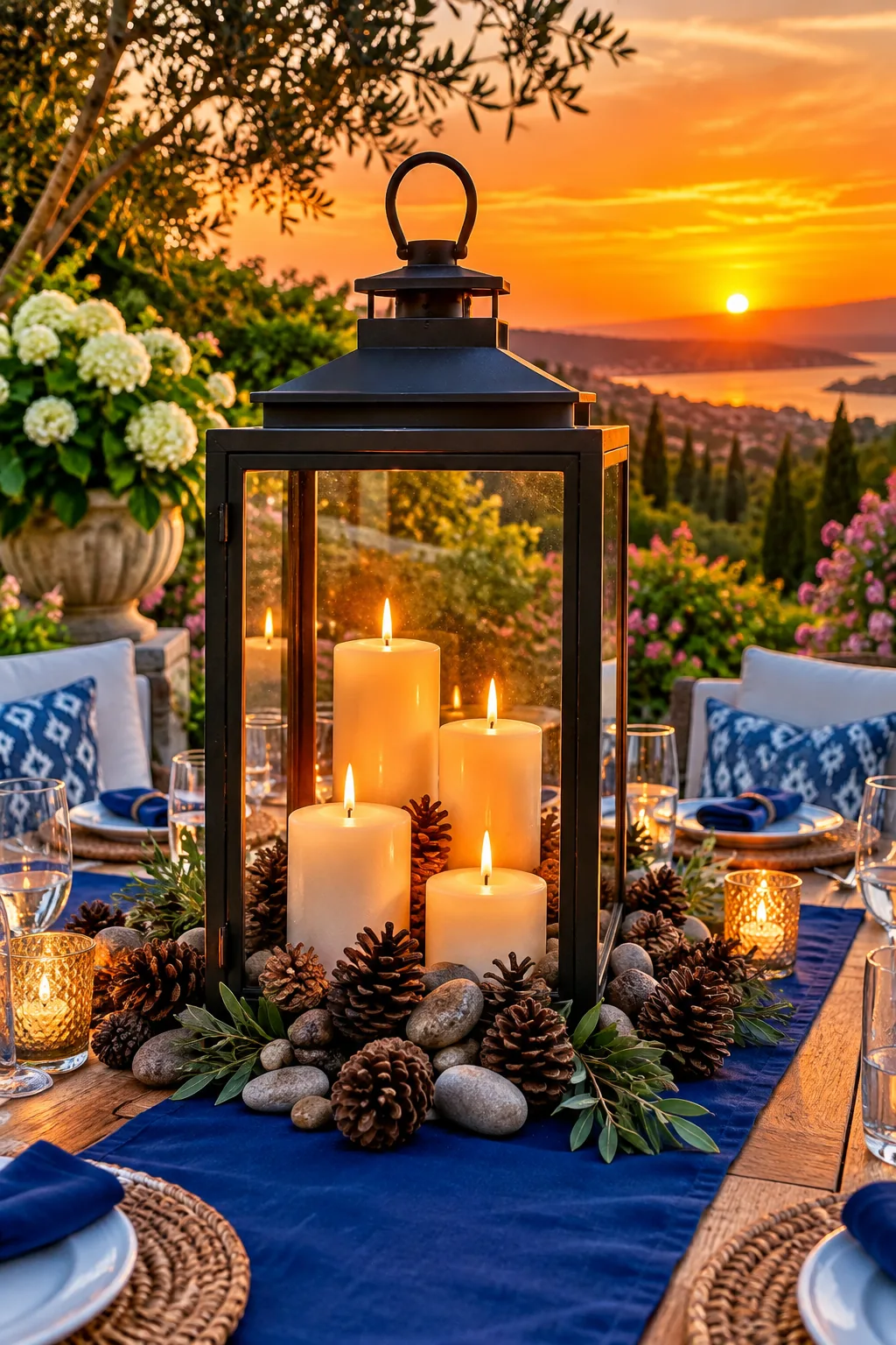 Large metal lanterns with thick pillar candles sitting on an outdoor patio table