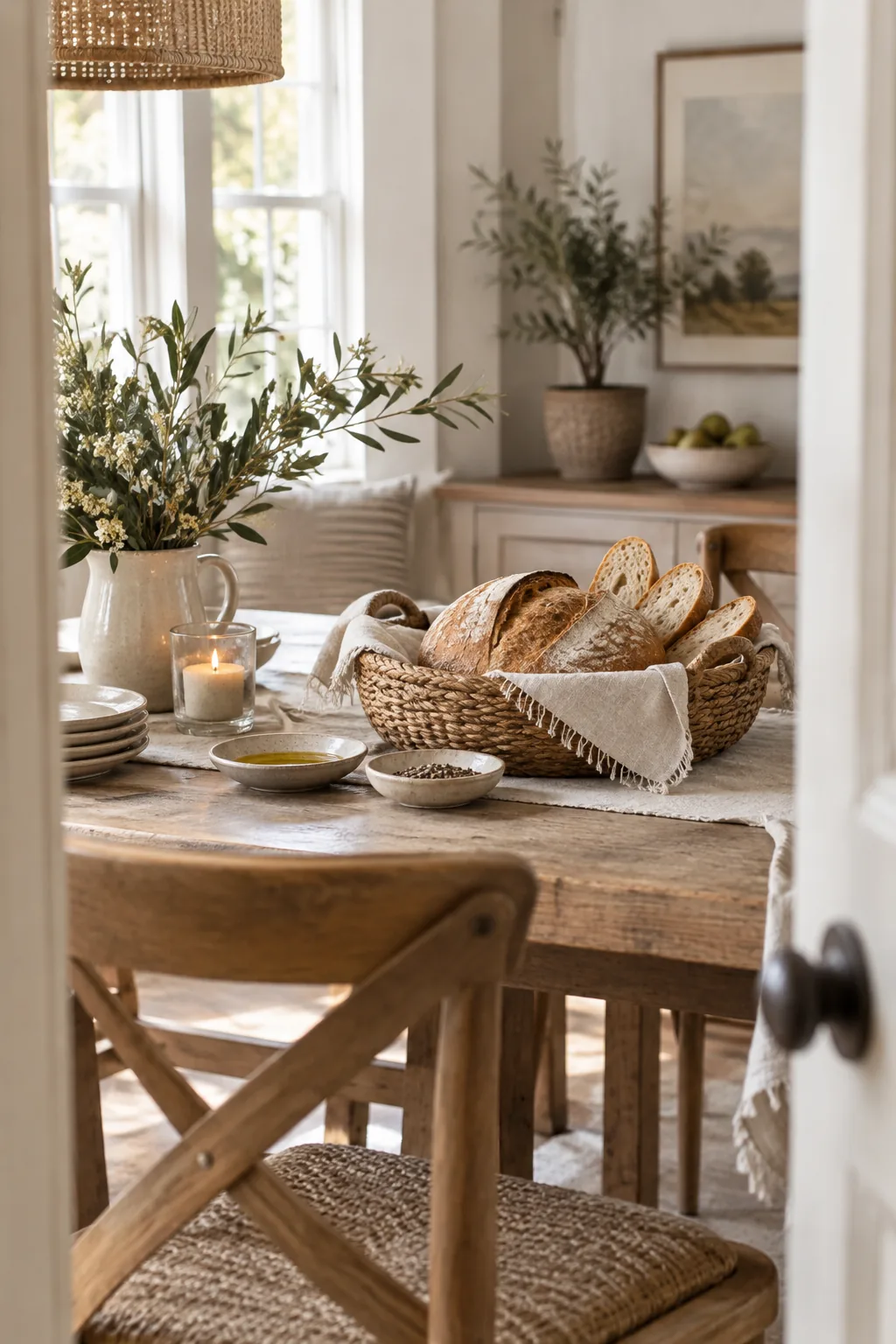 A shallow woven basket lined with linen and filled with crusty artisan bread
