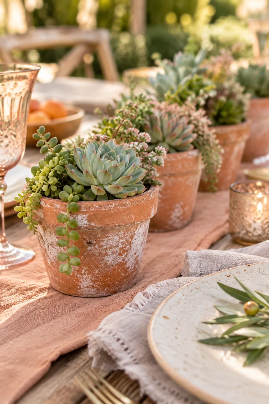 Small weathered terracotta pots planted with green succulents down a table