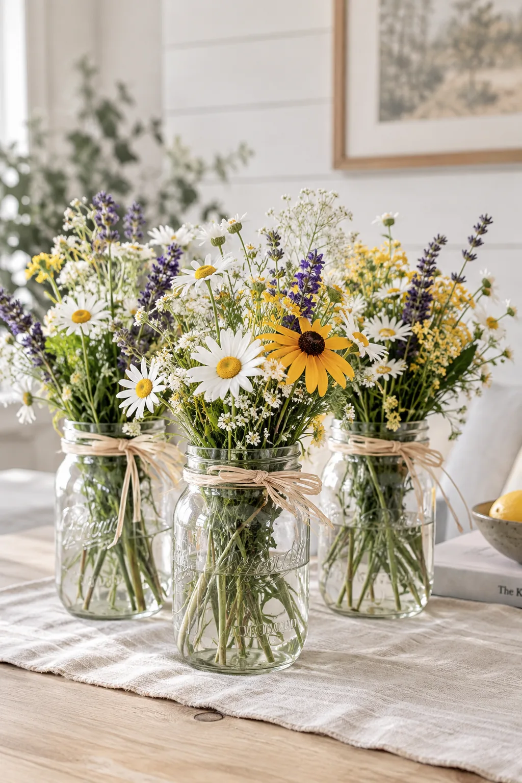 A grouping of three mason jars filled with colorful wildflowers tied with ribbon