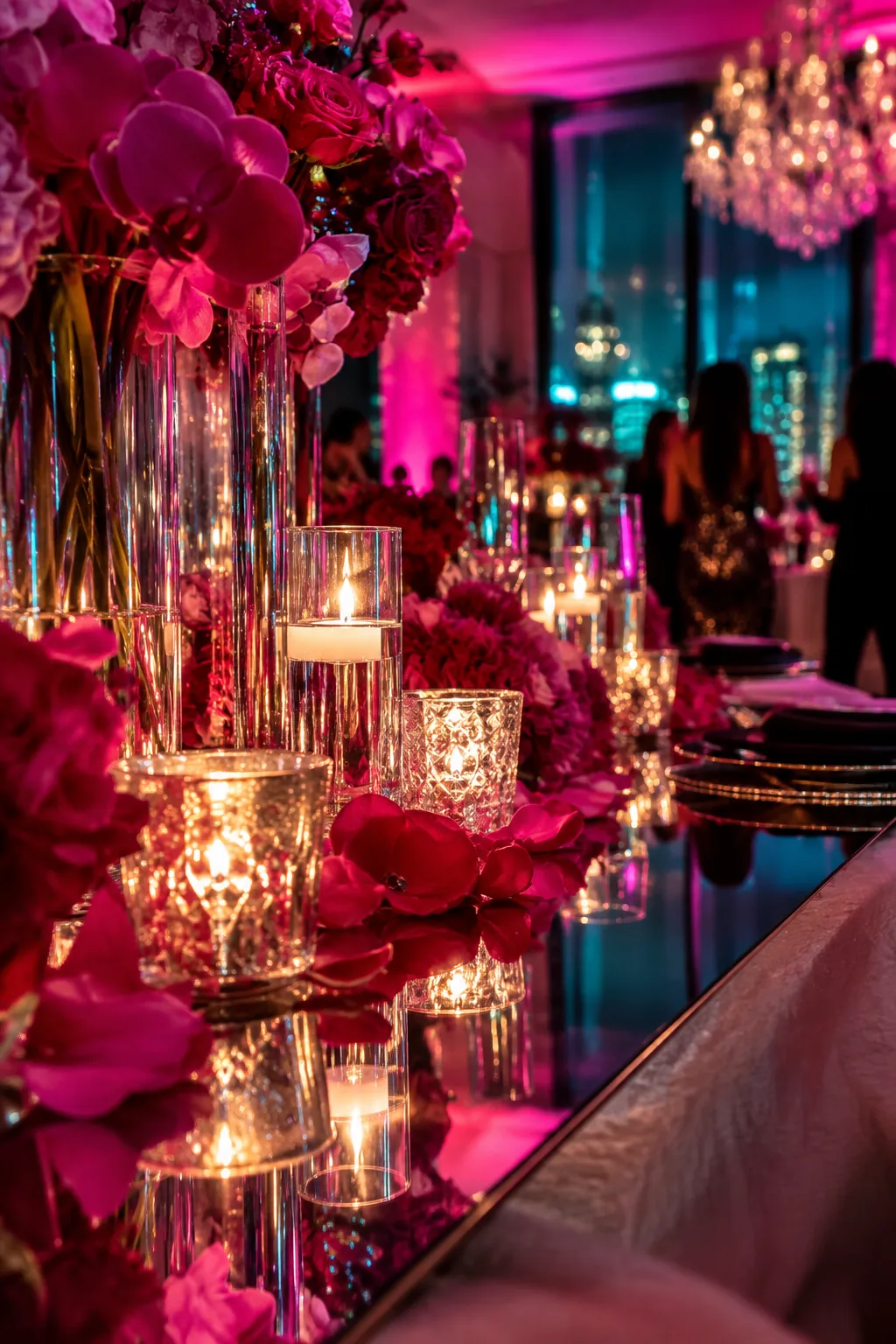 A flat round mirror on a table reflecting lit glass votives and flower petals