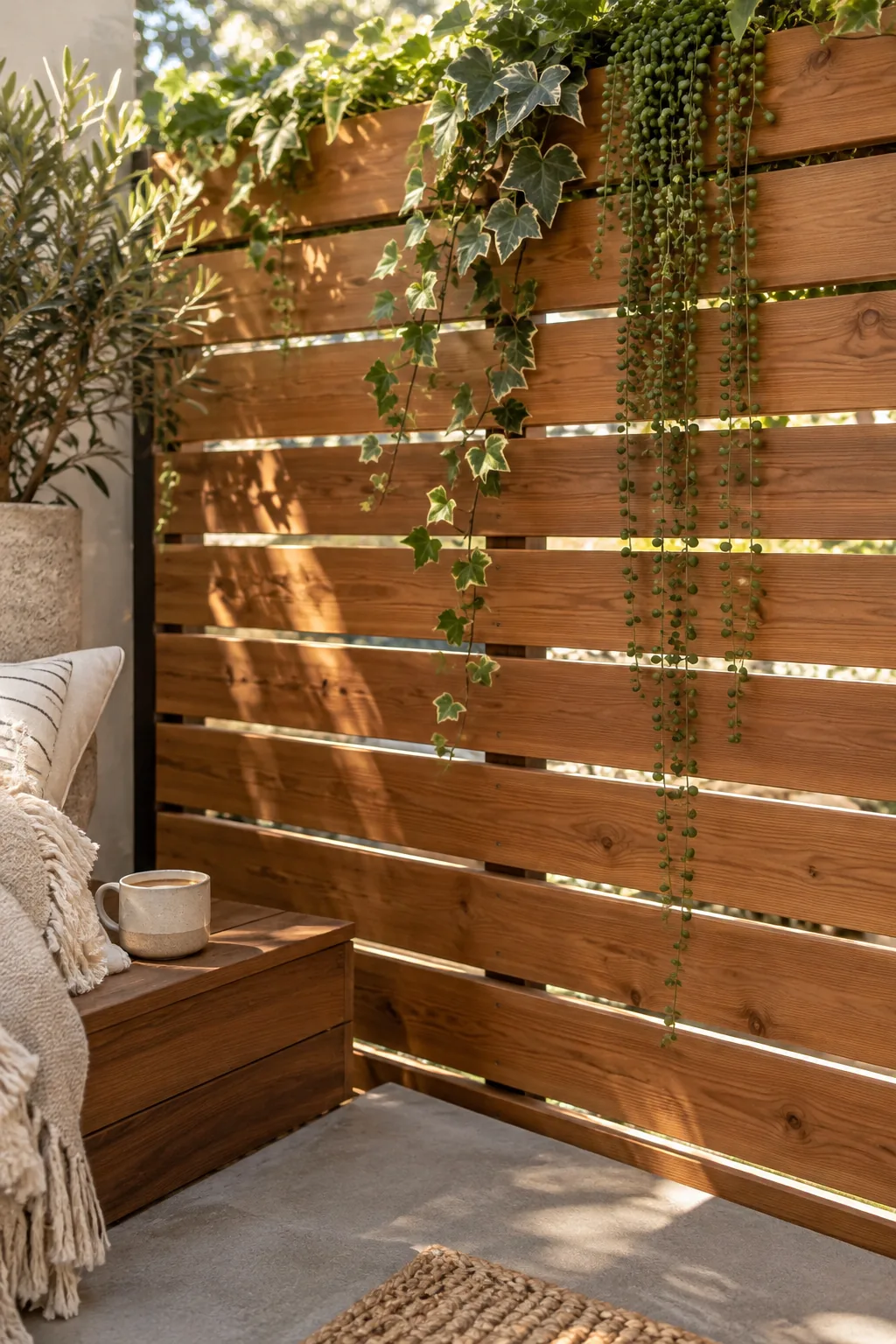 Horizontal cedar wood slat privacy screen enclosing a concrete patio