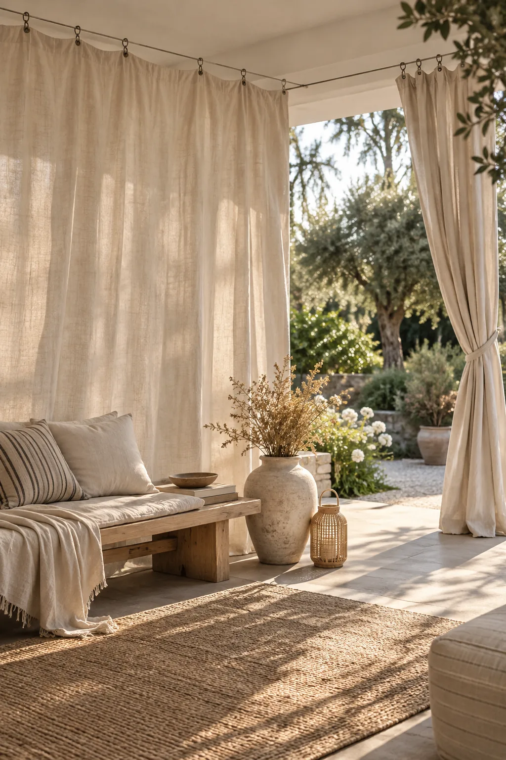 Canvas drop cloth curtains hanging from a tension wire on a patio