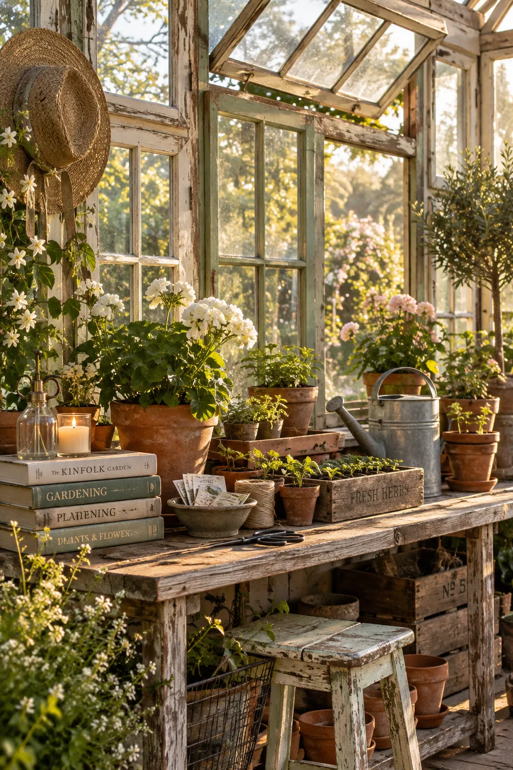 Patio enclosed with a patchwork of vintage wooden glass windows