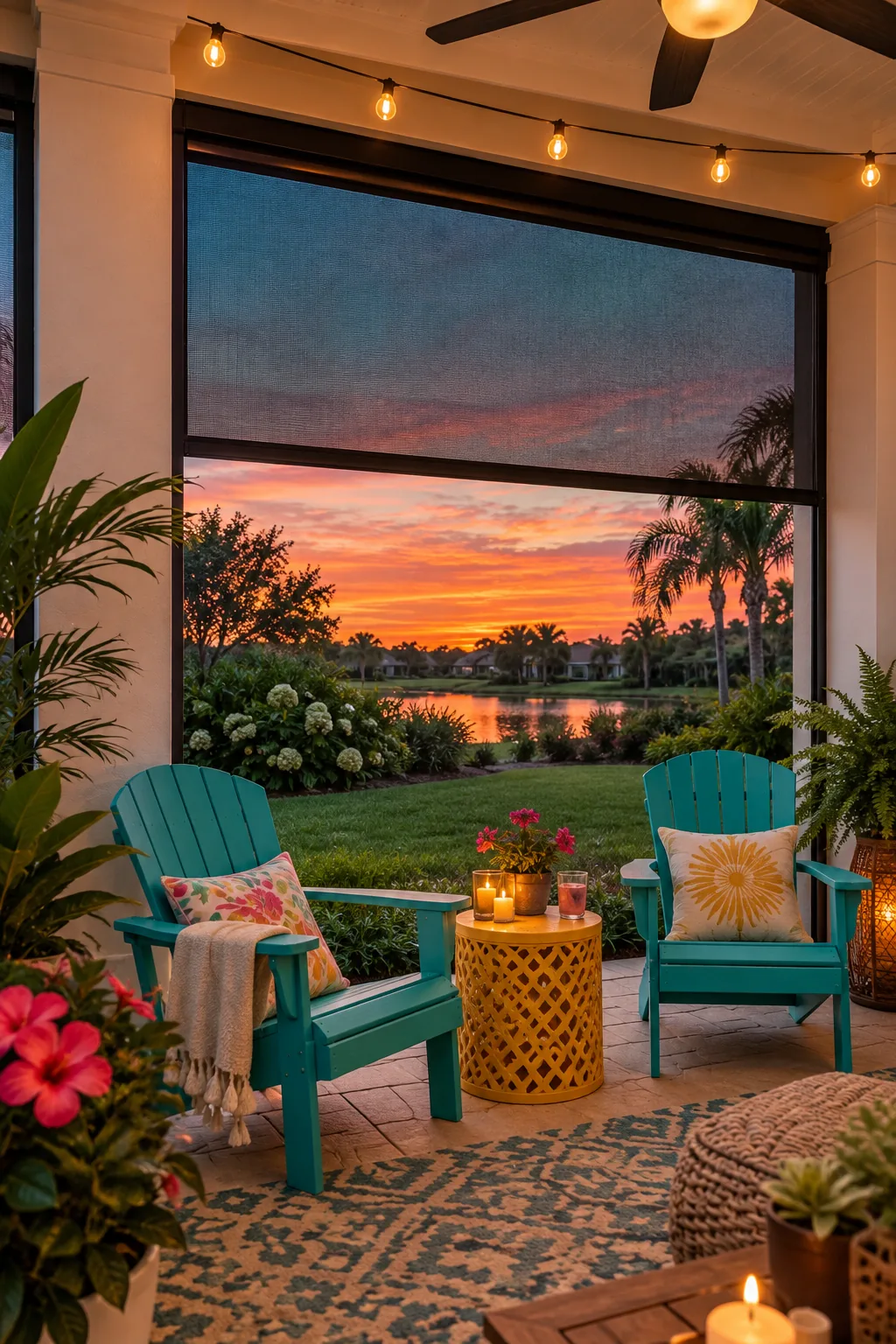 Motorized mesh bug screens rolled down between patio columns