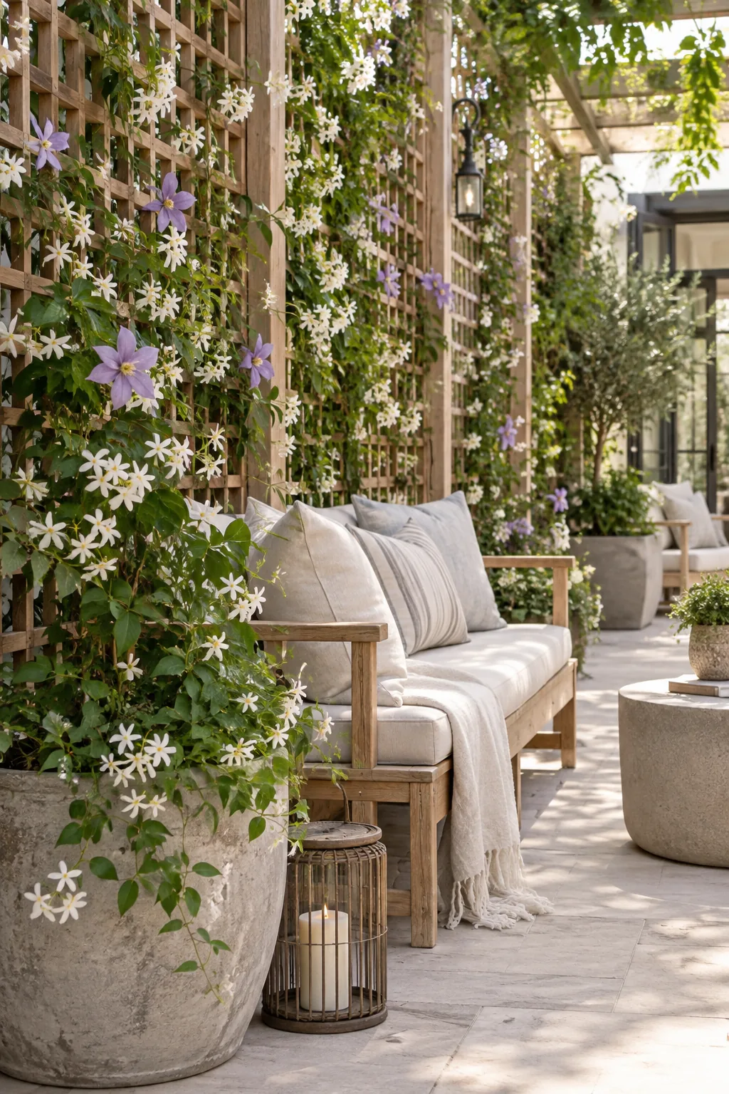 Wood lattice panels covered in green climbing vines around a patio