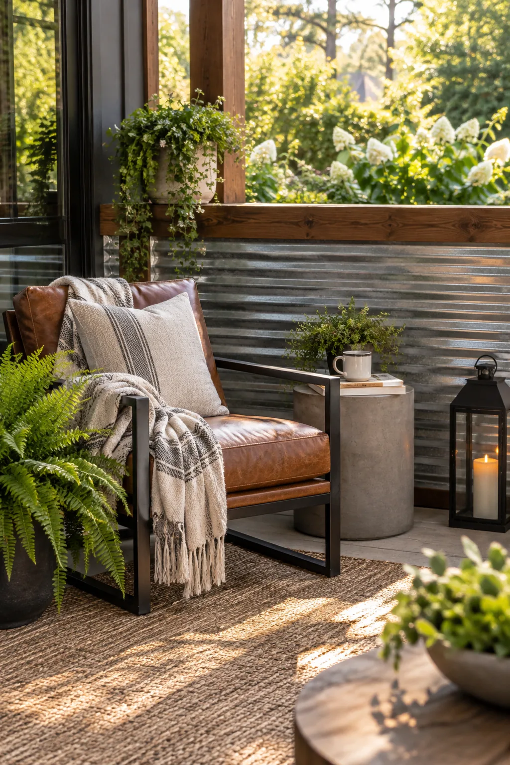 Lower half of a patio enclosed with horizontal corrugated metal and a wood top rail