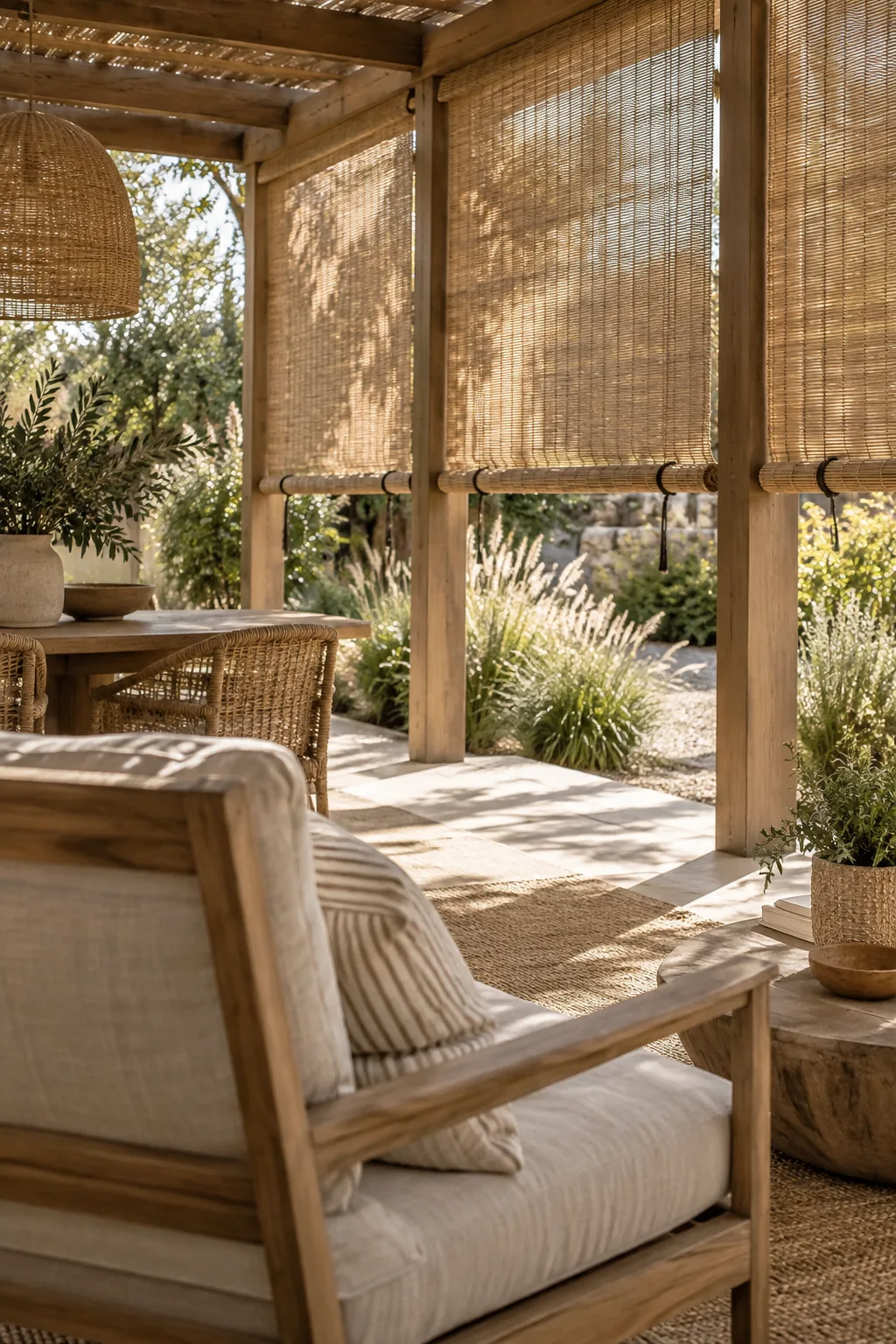 Bamboo roll-up shades hanging around the perimeter of a covered patio