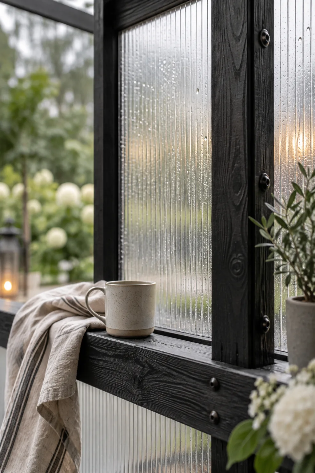 Clear polycarbonate panels framed in black wood enclosing a patio