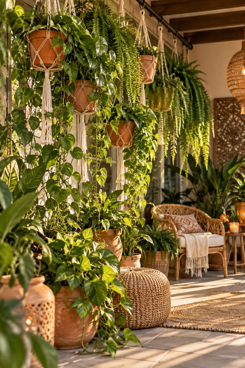 Hanging terracotta pots in macrame hangers forming a plant wall on a patio