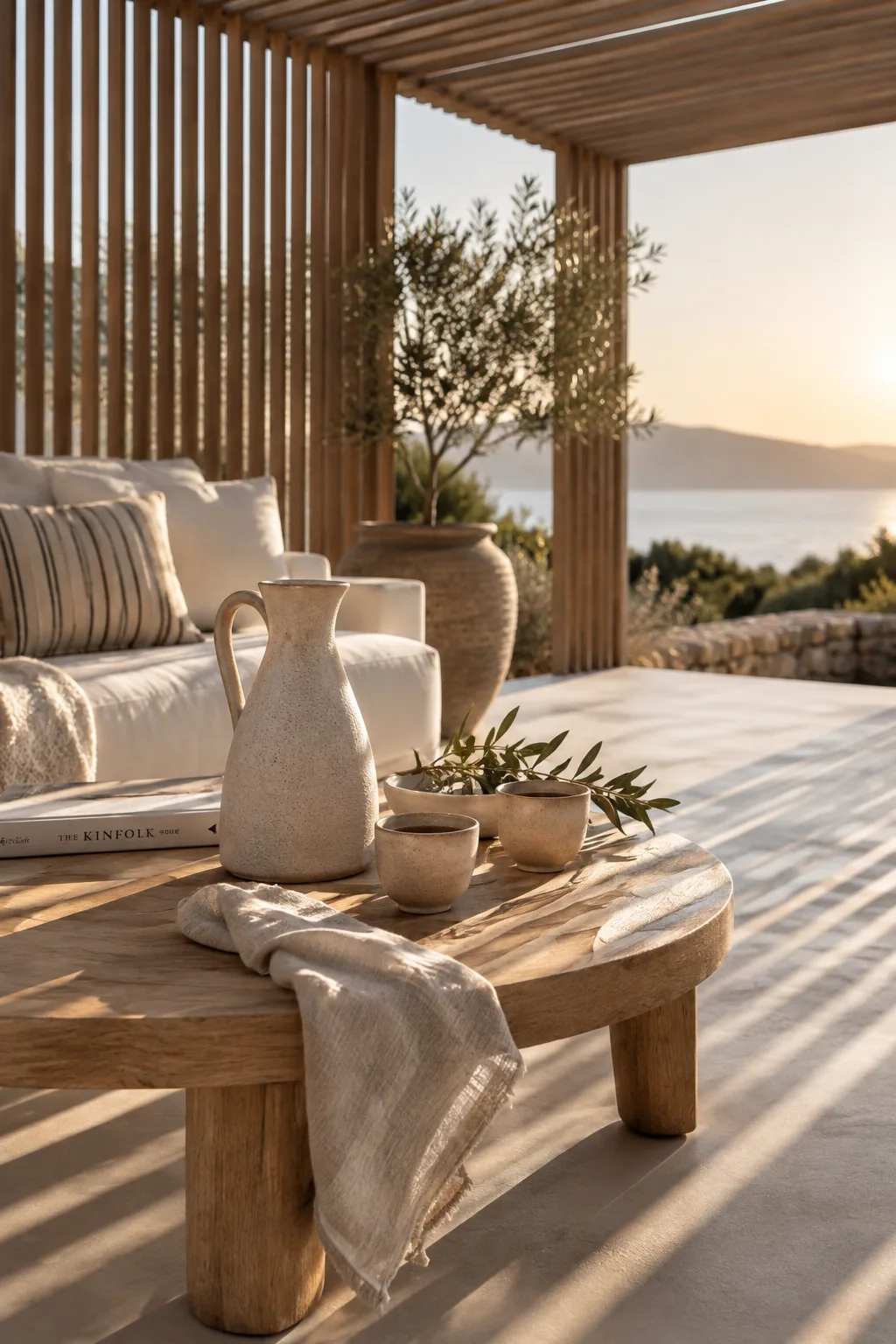 Wooden pergola roof slats extending down the side of a modern patio
