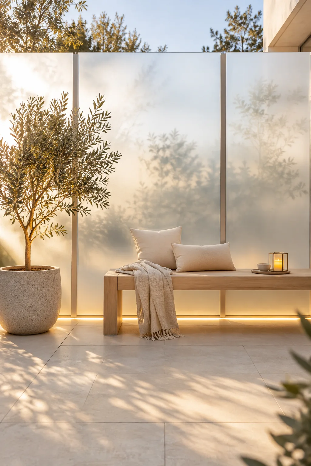Frosted glass panels mounted in aluminum frames around a patio