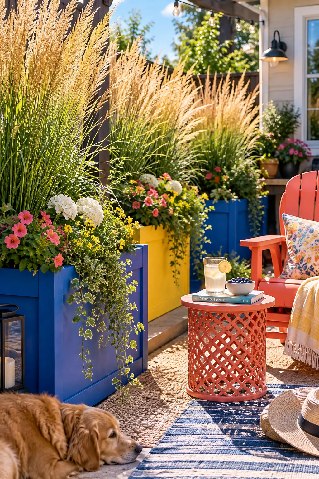 Tall wooden planter boxes filled with high ornamental grasses bordering a patio
