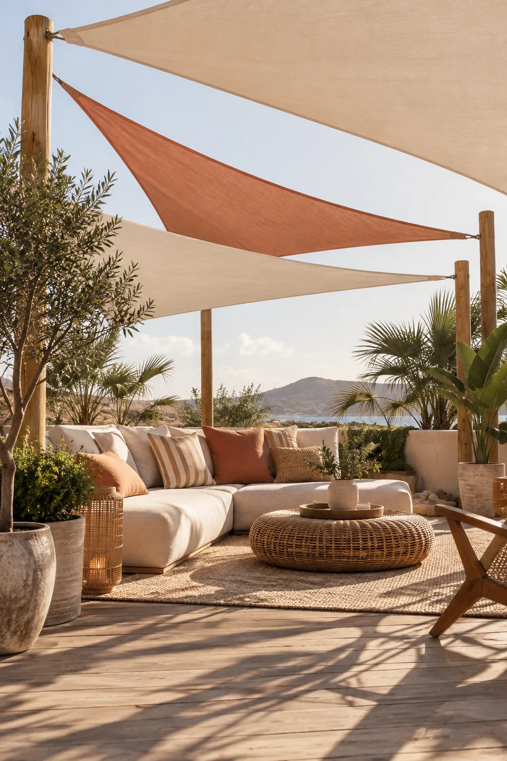 Triangle canvas shade sails stretched vertically between patio columns