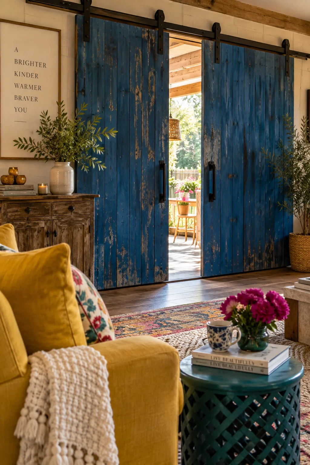 Large rustic wooden sliding barn doors enclosing a covered patio