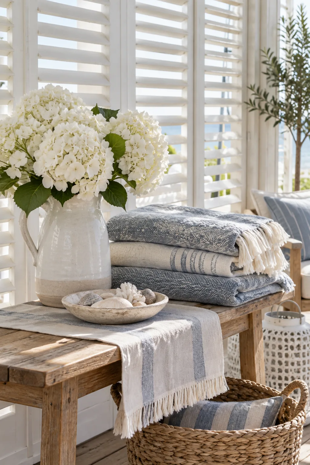 White floor-to-ceiling louvered wooden shutters enclosing a patio