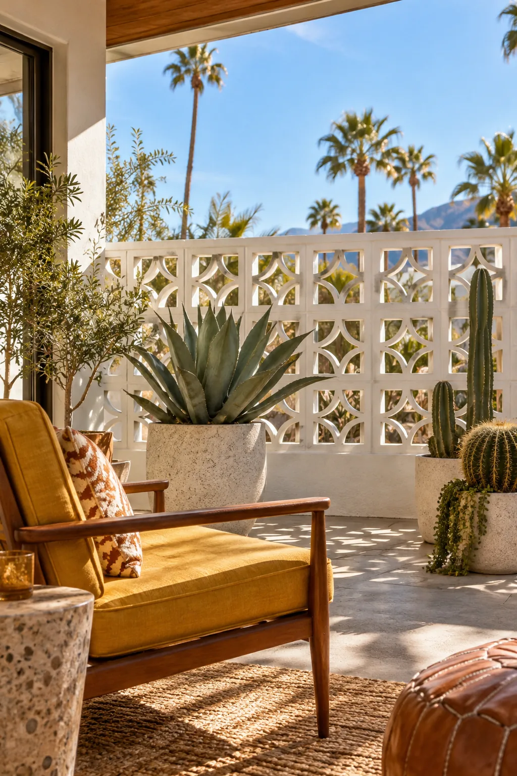 White concrete breeze block half-wall enclosing a mid-century style patio