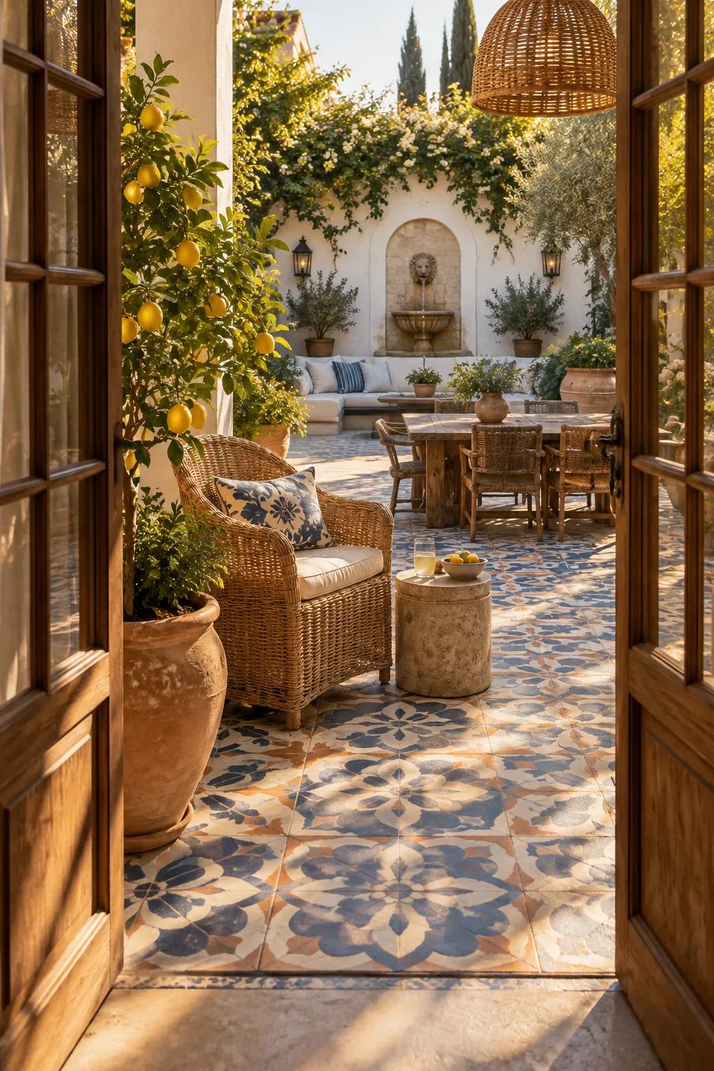 Concrete patio painted with a blue and white Mediterranean tile stencil pattern