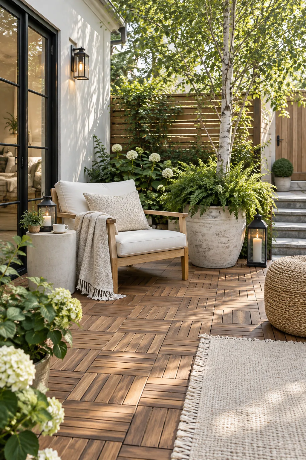 Acacia wood interlocking deck tiles laid over an old concrete patio