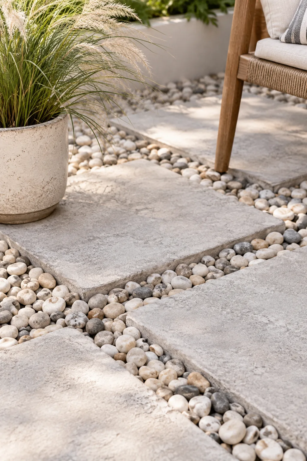 Large square concrete pavers set in a bed of loose pea gravel